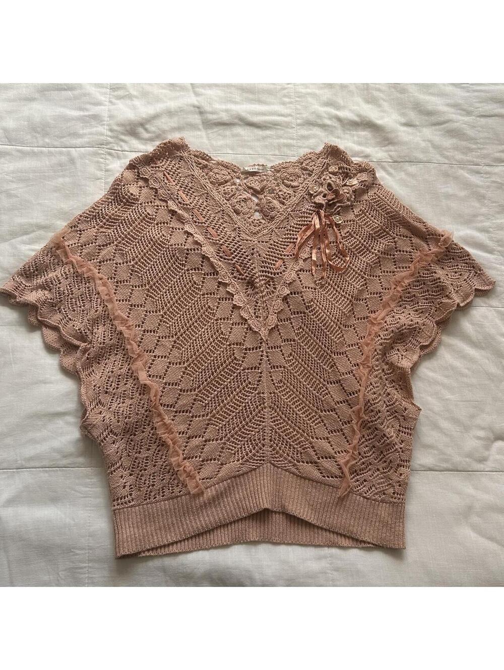 Axes Femme Dusty Rose Pink Crochet Lace Knit Top Ribbon Rosette Pearl M Japan